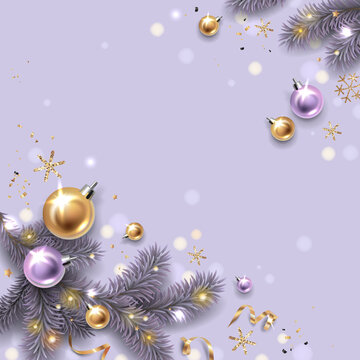 Square banner with gold, purple Christmas symbols and text. Christmas tree, balls, golden tinsel confetti and snowflakes on light. Luxury background.
