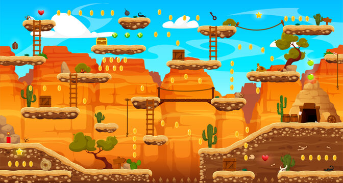 Arcade game level map with Wild West or Western game platforms, canyons, rocks and mountains, vector assets. Cartoon, landscape background with coin rewards and star bonus to jump and jump collect