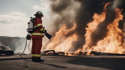 firefighters in action, A firefighter puts out a large fire with firefighting equipment, with flames in the background