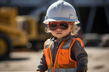 portrait of baby construction worker on site wearing sunglasses, hard hat and orange ppe safety gear