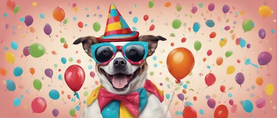 Happy cute dog in a party hat celebrating a birthday surrounded by balloons - AI Generated 