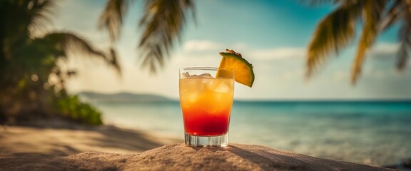 Summer beach vacation holidays trip concept, Tropical beach with palm trees and cocktail, summer vacation, vacation - Generative AI
