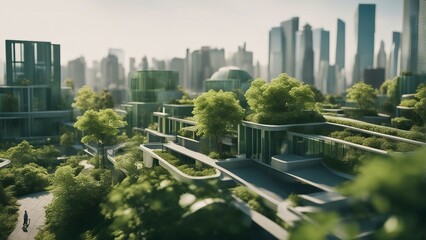 Eco-Friendly Urban Oasis: Sustainable Glass Office Building with Carbon-Reducing Tree, aerial view. Generative AI