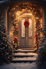 Fototapeta na wymiar House Entrance Decorated for Christmas