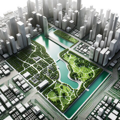 Render of an urban layout that merges with the design of a computer chip, where parks appear as green patches on the board and water bodies mirror