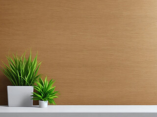 plant on wooden table and wall with copy space