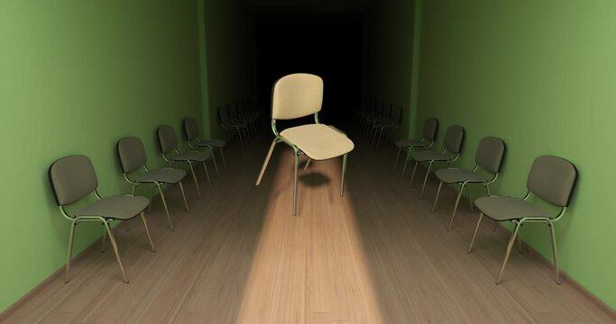 Dimly lit corridor. The chair flies through the air, creating a surreal and unexpected scene. 3D render.