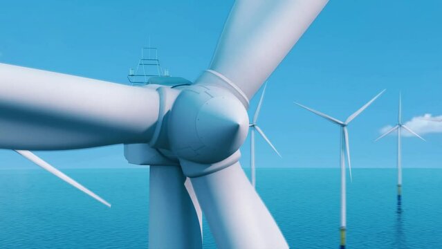 The camera shows a wind farm at close range. The concept of "green" and renewable energy. 3d render.