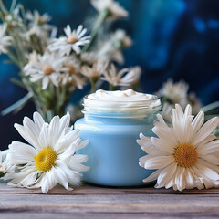 Chamomile cream. Face and body care. Cosmetics in small jar near chamomile flowers on blue background copy space