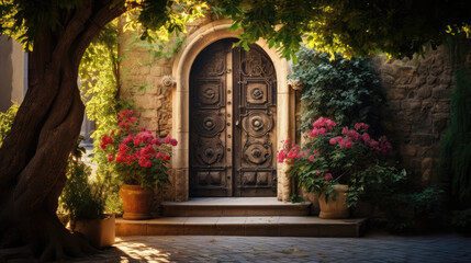 View of a Beautiful Summer Yard with a Beautiful Antique Door