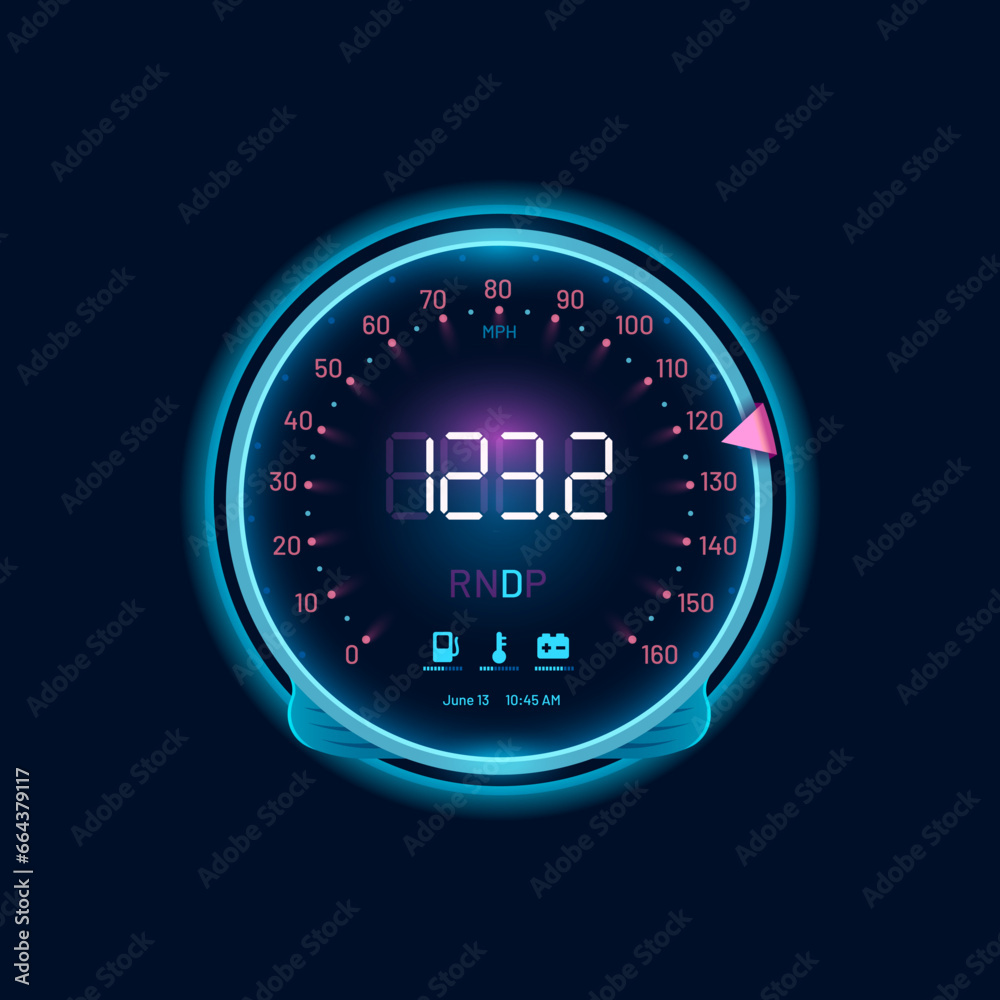 Aufkleber Car speedometer neon dial, speed gauge dashboard or counter interface, vector digital indicator. Car speed meter or speedometer tachometer with arrow, odometer with fuel, mph and engine gear LED panel