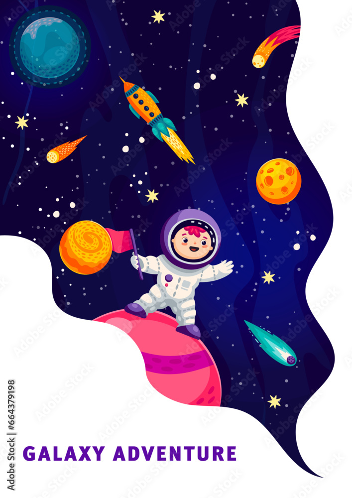 Poster Cartoon kid astronaut on space planet. Astronomy science and education vector vertical poster or leaflet with boy astronaut funny character standing on planet surface, rocket and planet in outer space