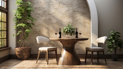 Home interior with a marble round table and chairs in a modern dining room with a beige wall, possibly for a cafe, bar, or restaurant