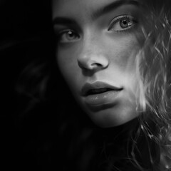 portrait studio noir et blanc d'une jeune femme en gros plan