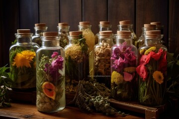 variety of botanical infusions in rustic container. Generative AI