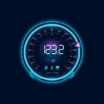Car speedometer neon dial, speed gauge dashboard or counter interface, vector digital indicator. Car speed meter or speedometer tachometer with arrow, odometer with fuel, mph and engine gear LED panel