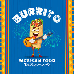 Cartoon appetizing mexican burrito mariachi musician character with guitar and fireworks. Vector restaurant promo banner with funny tex mex food personage playing traditional holiday rhythms of Mexico