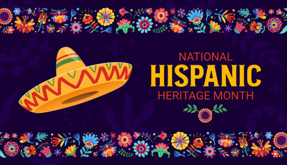 National Hispanic heritage month festival banner with sombrero hat and tropical flowers ornament, vector background. Hispanic Americans ethnic traditional fiesta festival of culture, tradition and art