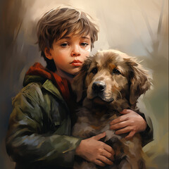 boy hugs his beloved dog. Walking with a pet. Portrait of a boy and a dog