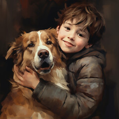 boy hugs his beloved dog. Walking with a pet. Portrait of a boy and a dog