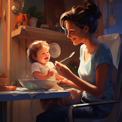 Mom feeds the baby with a spoon. The first lure at home. A baby in a high chair eats lunch with a spoon.