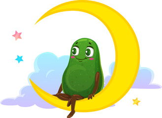 Cartoon mexican avocado character sitting on on the moon. Vector whimsical and charming food personage sporting a big smile, enjoying the celestial view and wishing good night and sweet dreams