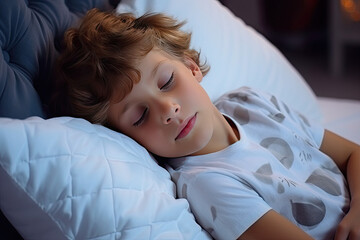 a cute young boy child sleeps on a white pillow