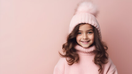 beautiful cute kid in winter clothes on plain background with copy space, new winter collection winter fashion clothes