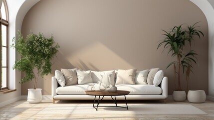 In a minimalist home interior design of a modern living room, a white sofa is accompanied by potted houseplants near an arched window, adjacent to a beige wall with ample copy space