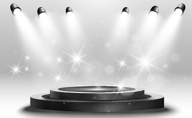 Podium, pedestal or platform, illuminated by spotlights in the background. Vector illustration. Bright light. Light from above. Advertising place
