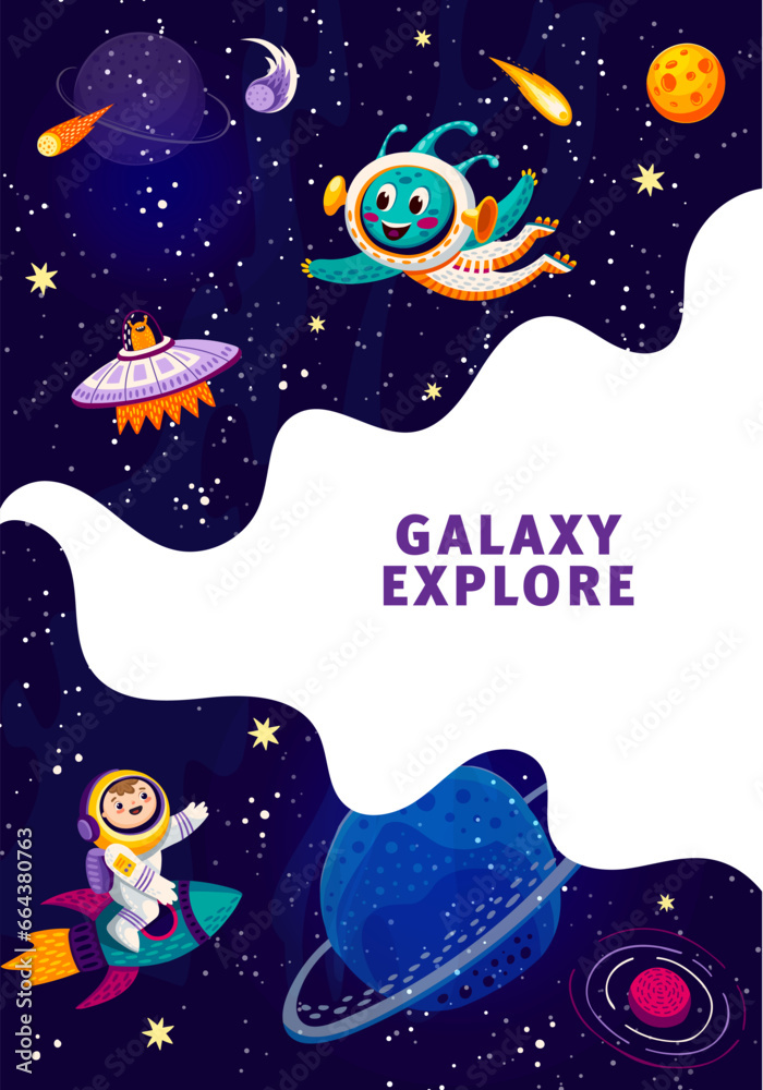 Poster space poster, landing page or flyer with galaxy planets and stars, kid astronaut and alien ufo, vect