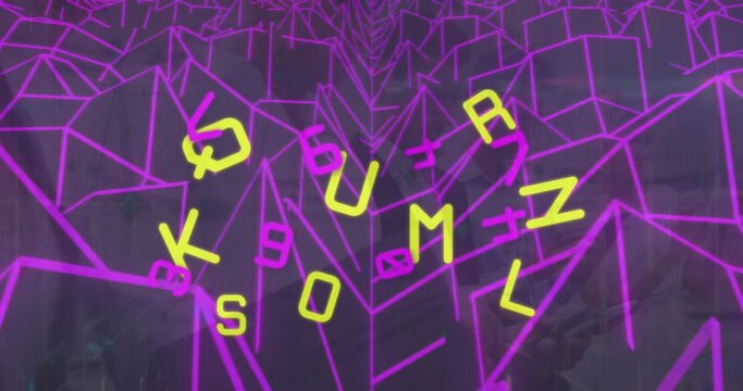 Animation of changing alphabets and numbers against metaverse structures in seamless pattern