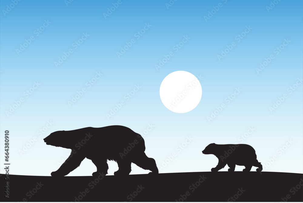Sticker polar bears walking. baby bear and mother. animal family silhouette
