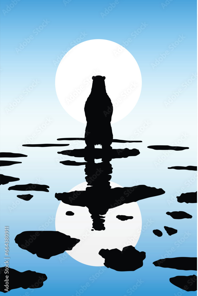 Sticker polar bear on ice floe. arctic landscape. animal isolated silhouette