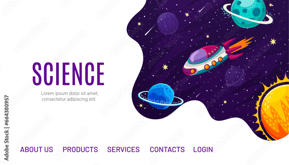 Poster Galaxy space landing page with cartoon flying starship at solar system, vector website or web page template. Space shuttle or spaceship rocket in galaxy spaceflight to planets for website landing page
