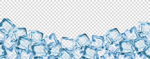 Realistic ice cubes background, crystal ice blocks frame. Isolated 3d vector border of blue transparent frozen water pieces. Glass or icy solid pieces, template for drink ads with clean square blocks - obrazy, fototapety, plakaty