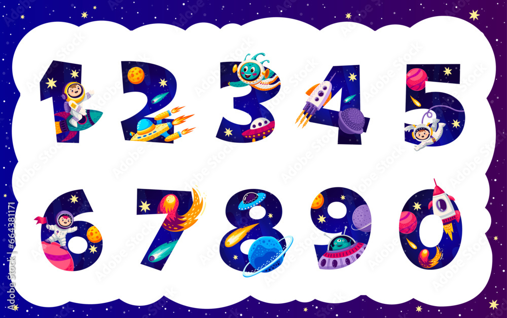 Poster cartoon galaxy space numbers, math game elements, vector astronomy science and kids education. funny