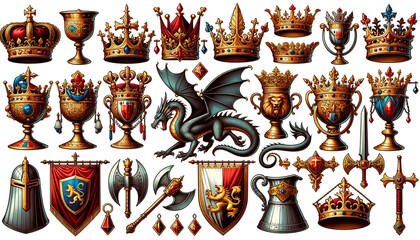 Medieval-Inspired Coat of Arms Icon Collection - obrazy, fototapety, plakaty