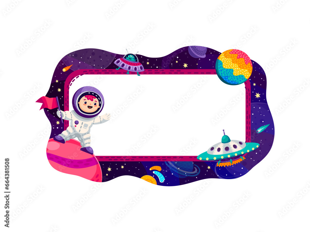 Poster border frame with space planets, stars, spaceship and astronaut at starry galaxy, vector cartoon bac