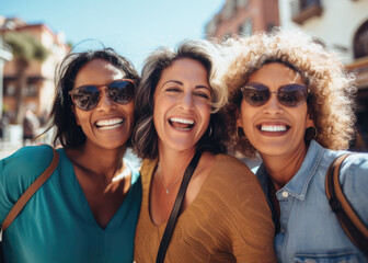 Group of mature friends laughing while taking a selfie in autumn. AI generative.