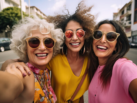Group of mature friends laughing while taking a selfie in summer. AI generative.