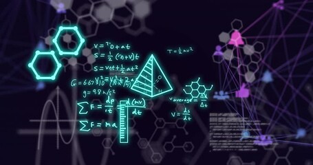 Animation of mathematical equations, globes of digital icons and data processing on black background - Powered by Adobe