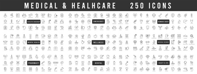 Medical and healthcare web line icons. Medicine, check up, doctor, dentistry, pharmacy, body, scientific etc collection. Editable stroke