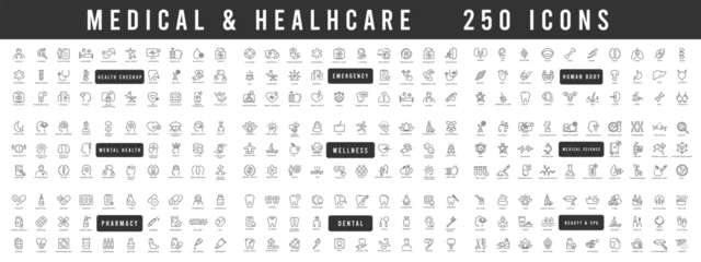 Poster Medical and healthcare web line icons. Medicine, check up, doctor, dentistry, pharmacy, body, scientific etc collection. Editable stroke © tutti_frutti