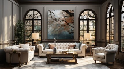 In a modern living room with an art deco interior design, a beige tufted chesterfield sofa and brown wing chairs are the focal point - obrazy, fototapety, plakaty