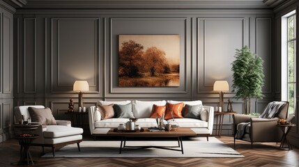 In a modern living room with an art deco style home interior design, with a close-up of a beige leather sofa and velvet armchairs against a window, in a room with classic panel walls