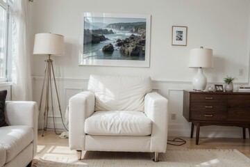 luxury livingroom interior design mockup with white leather furniture and picture frame in a wall. 