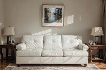 luxury livingroom interior design mockup with white leather furniture and picture frame in a wall. 