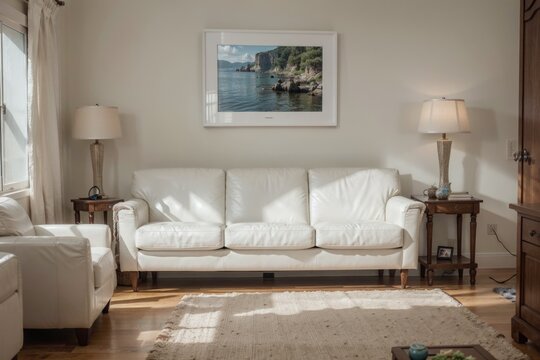 luxury livingroom interior design mockup with white leather furniture and picture frame in a wall. 