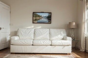 luxury livingroom interior design mockup with white leather furniture and picture frame in a wall. 